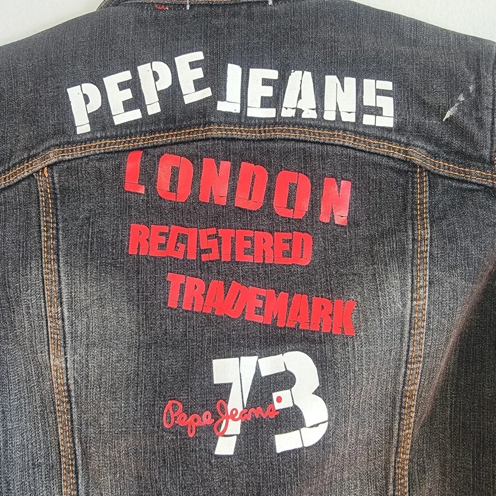 Pepe Jeans London Mens Distressed Denim Jacket Black Punk Graphic Patches Size M